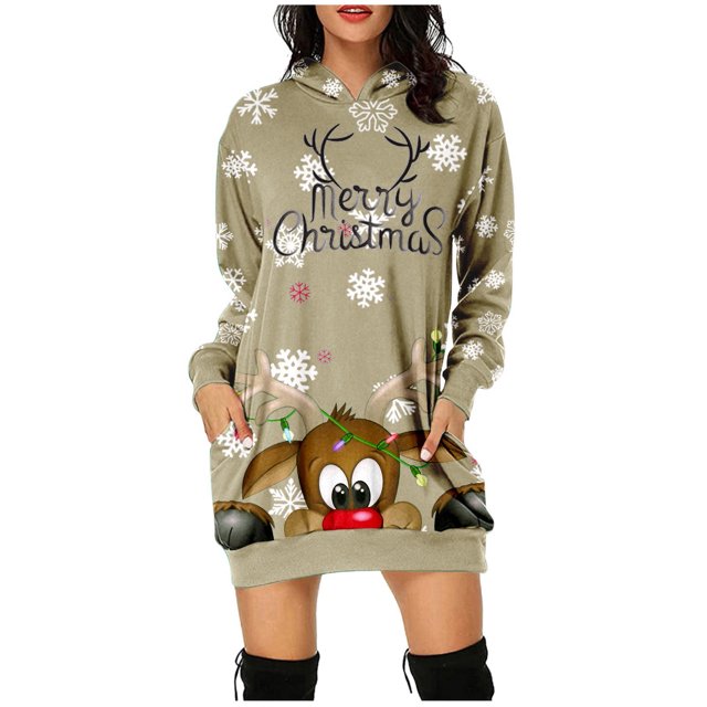 Robe Maxi à Manches Longues Imprimée de Noël pour Femmes avec Col en V, Chandail à Capuche avec Poches, Robe d'Été