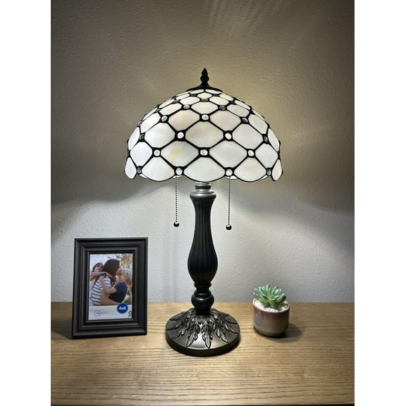 Tiffany Table Lamp White Stained Glass Crystal Beans Included LED Bulbs for Living Room Dining Room Bedroom Bedside 12"W*12"D*22"H