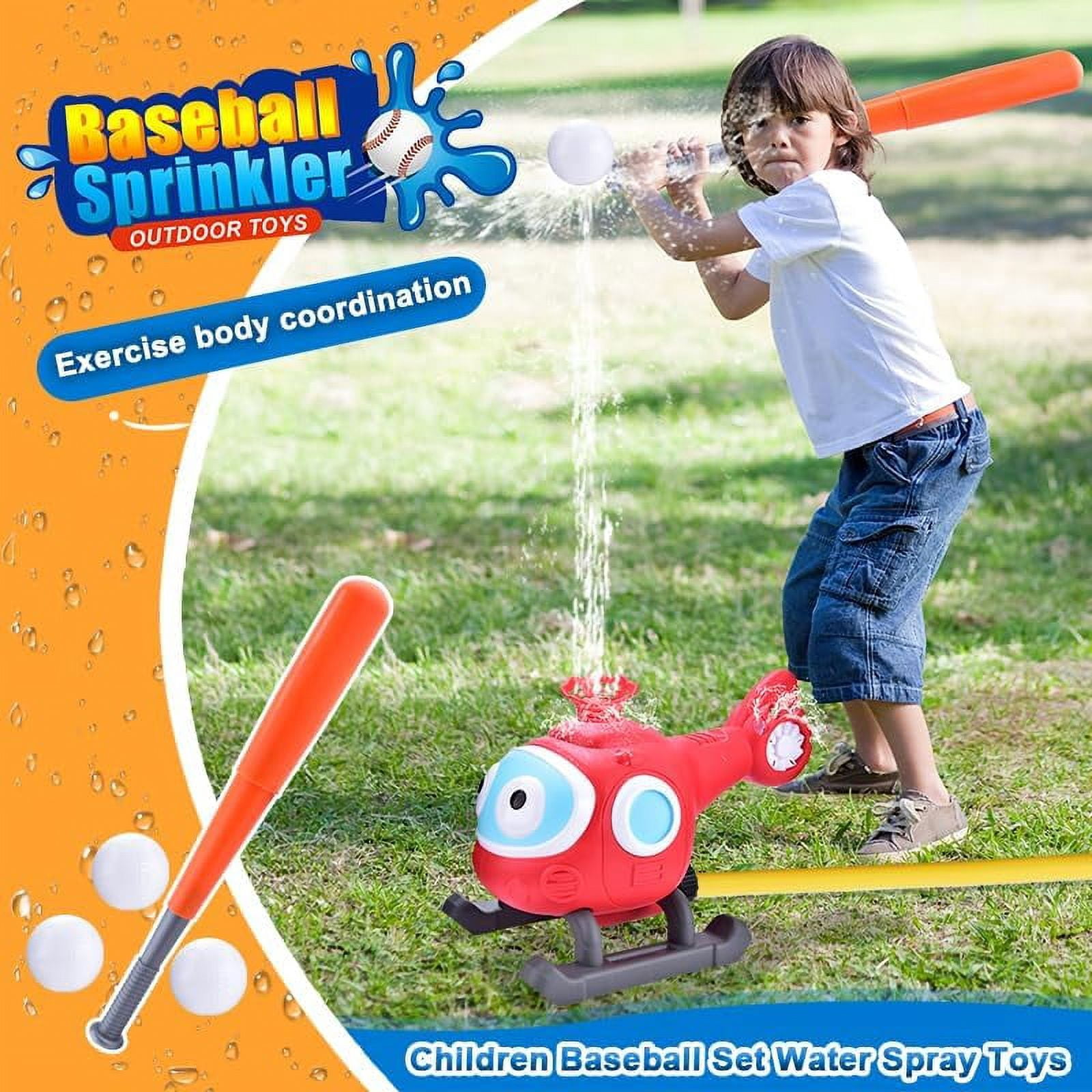 Baseball Sprinkler for Kids, Helicopter Toy Outside Toys for Kids Ages 4-8, Water Toys for Kids Ages 3-5, 2 in 1 T Ball Set Best Backyard Toys, Lawn Pool Birthday Gifts for Boys Girly Ages 4+