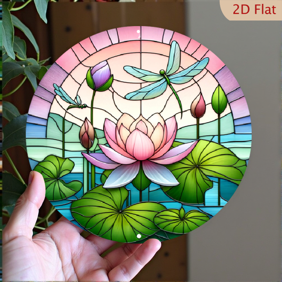 Stained Glass Style Lotus Pond Metal Wall Art, Circular Aluminum Decorative Sign, 8x8 Inch Nature Inspired Hanging Decor for Living Room or Bedroom