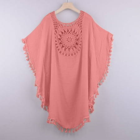 Women s Plus Size Off Shoulder Bikini Set with Fringed Top & Beach Cover Up  Loose Fit Lace-Up Crochet Swimsuit Coverup for Pool Beach Vacation Watermelon Red One Size
