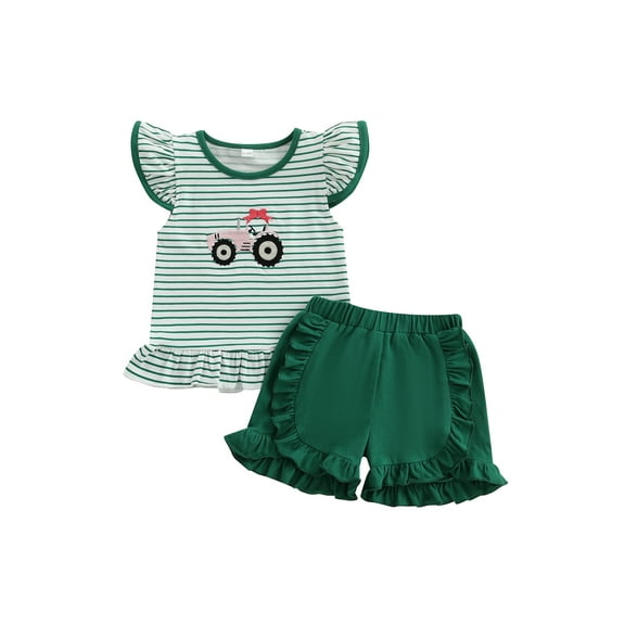 BemeyourBBs Toddler Baby Girls Summer Outfits Infant Baby Girl Clothes 1T 2T 3T 4T Tractor Embroidery Striped Fly Sleeves T Shirt Tops and Elastic Ruffles Shorts Set