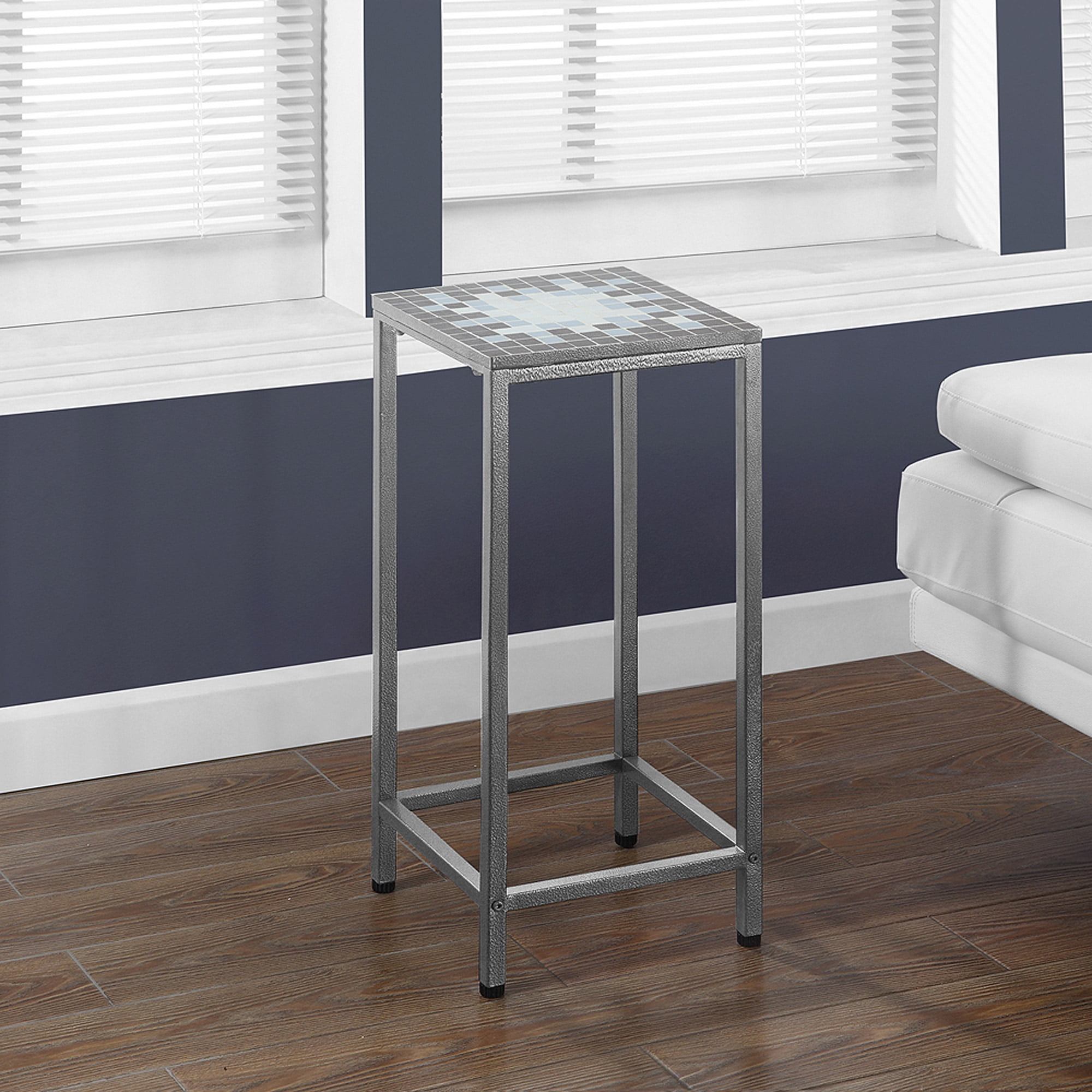 Tile Top 28"H Plant Stand, Grey Blue Hammered Silver by Monarch Specialties Inc