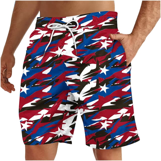Pantalones Cortos Deportivos para Hombre, Pantalones Cortos de Playa con Cordón Impreso para el Día de la Independencia con Bolsillo Hechos de 95% Poliéster 5% Spandex, Pantalones Cortos Deportivos Pa