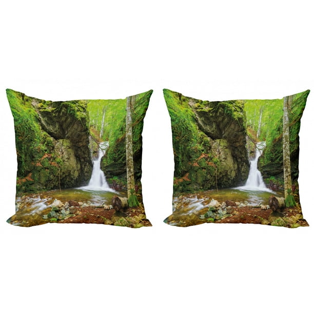 Waterfall Throw Pillow Cushion Cover Pack Of 2 Waterfall In Spring Season Like Winter In Bulgaria With Trees And Bushes Zippered Double Side Digital Print 4 Sizes Green And White By Ambesonne