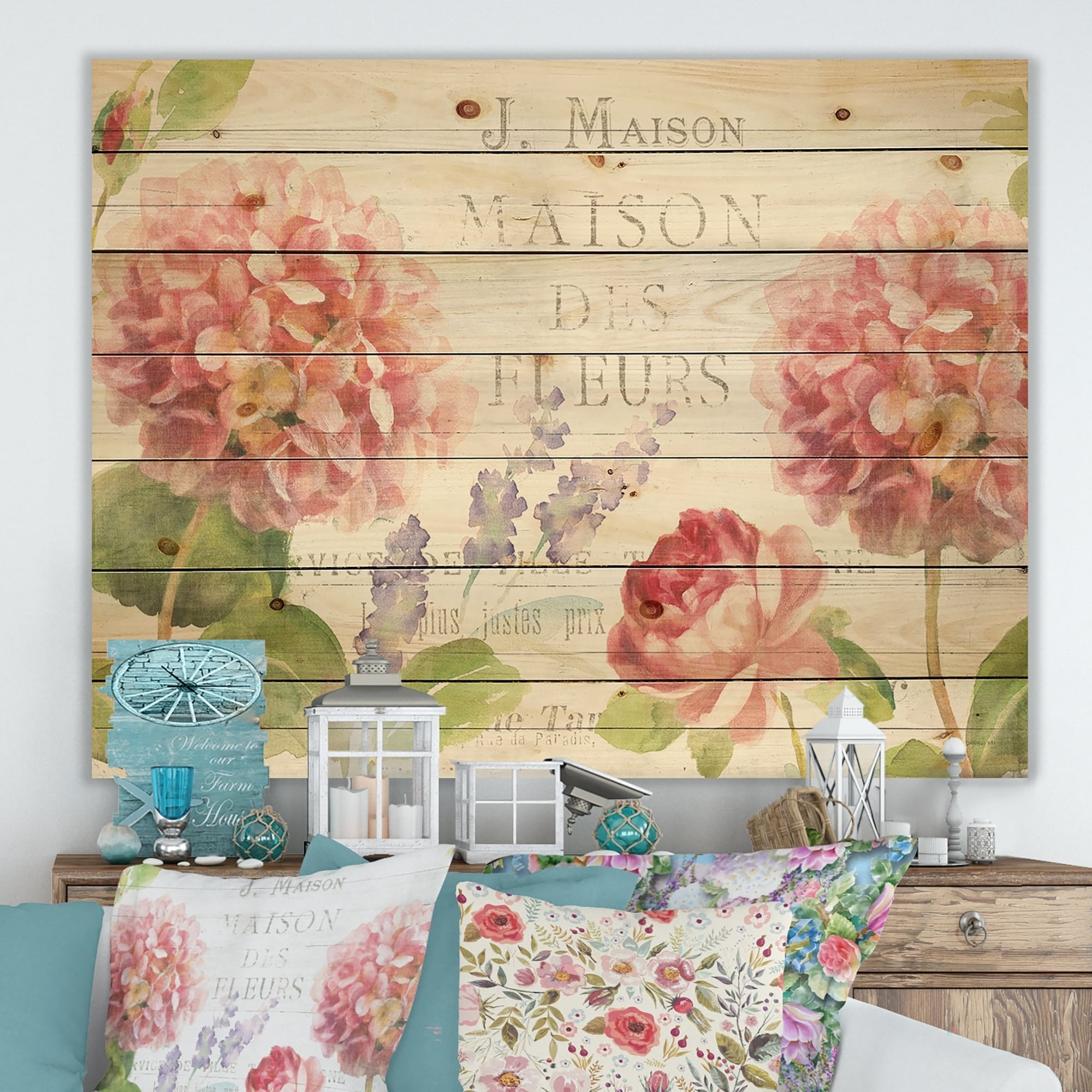 Maison Des Fleurs II' Farmhouse Print on Natural Pine Wood - Pink ...