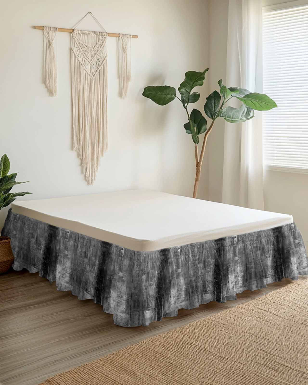 Gray Wrap Around Bed Skirts for King Bed 18" Drop,Bed Skirt with Adjustable Elastic Belt Dust Ruffle Bed Valance for Bedroom Hotel Retro Oil Painting Modern Abstract Art Aesthetics Bed Frame Cover