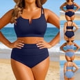 thumbnail image 4 of Heydday Women's Plus Size High Waisted Bikini, Ribbed Two Piece Tummy Control Bathing Suit, Adjustable Strap Padded Swimsuit for Summer Beach Pool Vacation, Curvy Swimwear(Navy/L), 4 of 7