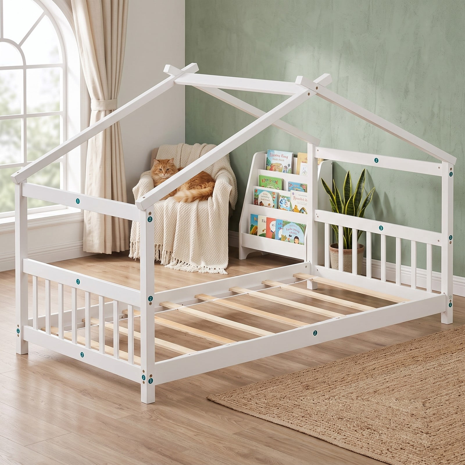 Furnibear Twin Size Wooden House Bed Frame with Roof and Half Rails for a Kids Boys and Girls Toddler Montessori Bedroom, White