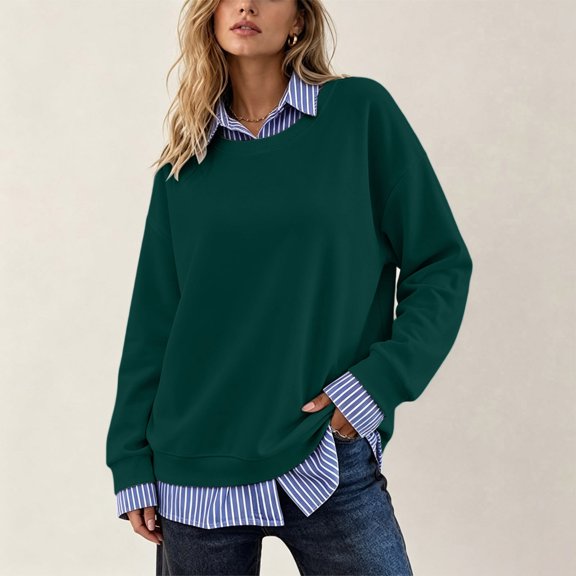 Dpjklzsn Women's Layered Look Crewneck Sweatshirt with Striped Collar, Cuffs and Shirt Hem