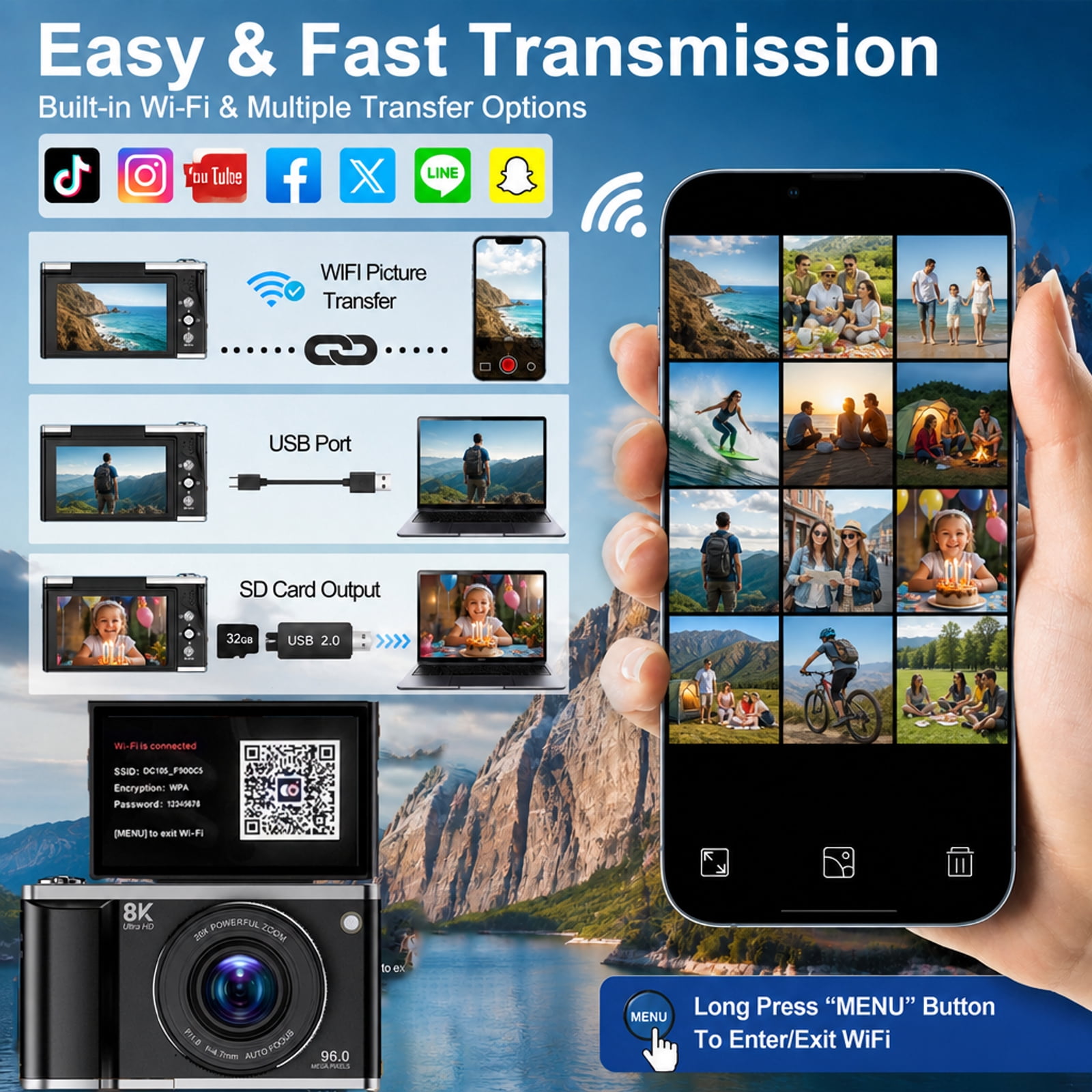 ACTITOP Digital Camera for Photography 8K 96MP WiFi Vlogging