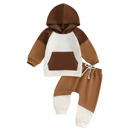 

Nygoyerh Baby Boys Pants Sets 6M 12M 18M 2T 3T Long Sleeve O Neck Contrast Color Hooded Tops + Drawstring Pants 2PCS Set Cute Infant Clothing for Fall