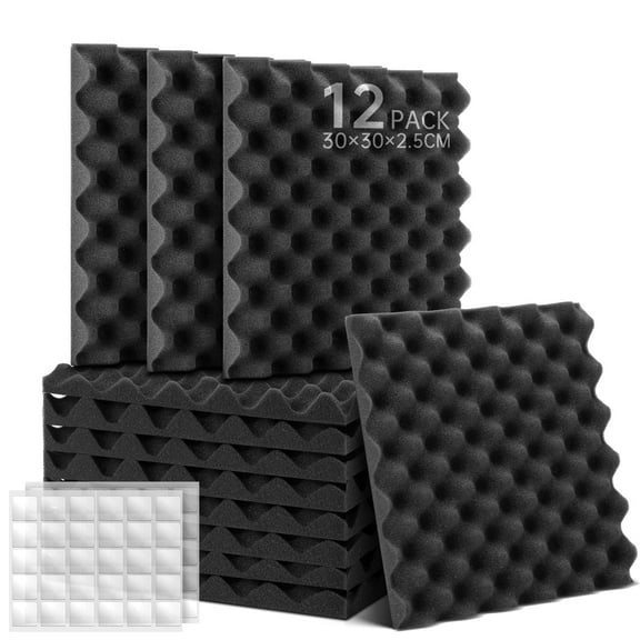 Sound Proof Foam Panels with Sticker, Egg Crate Acoustic Foam Panels Soundproof Absorbing Noise Cancelling Wall Panels 12 Pack Black 12'' x 12'' x 0.9''