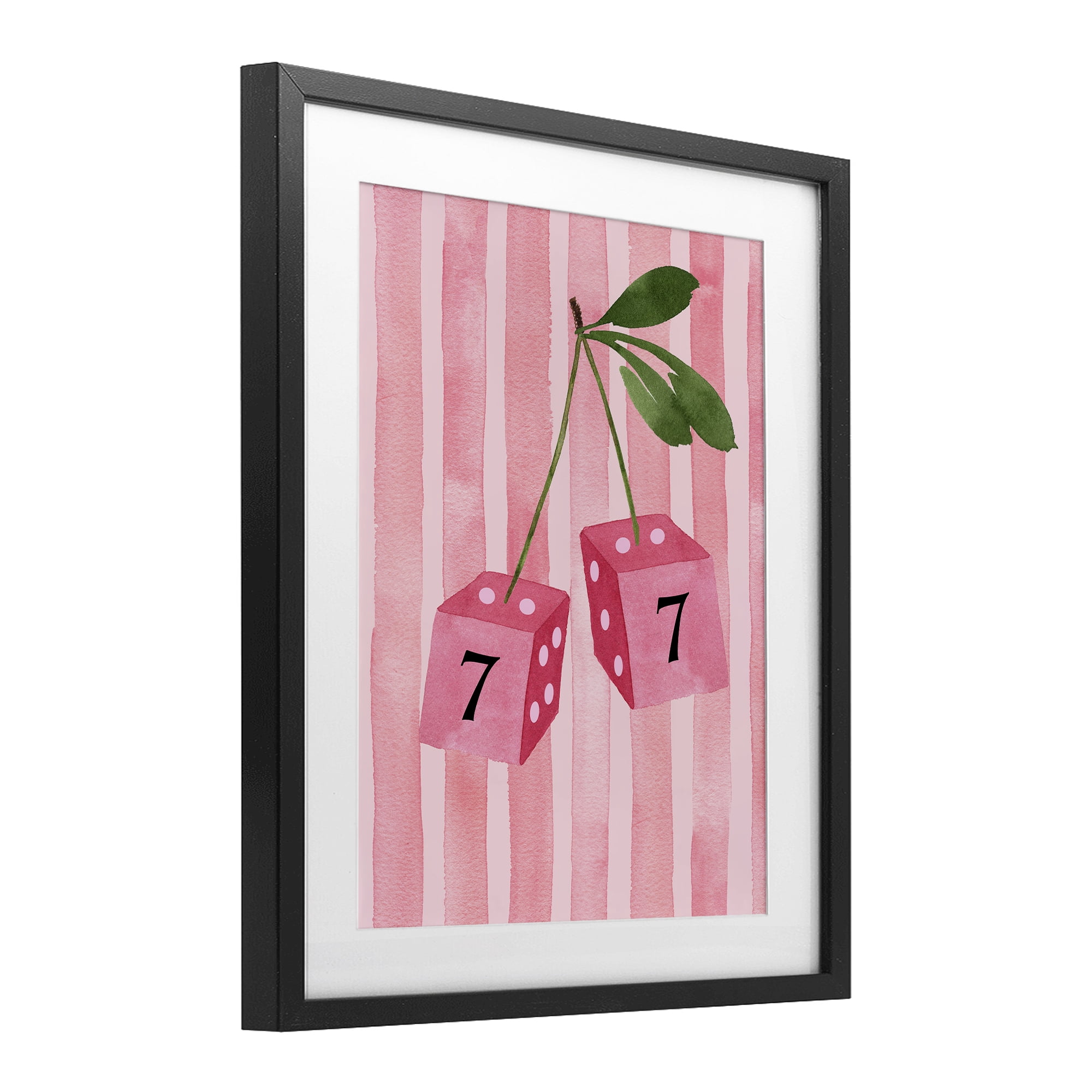 Lucky Number 7 Cherry Dice Black Framed Print Under Glass, design by Nina Jacobs