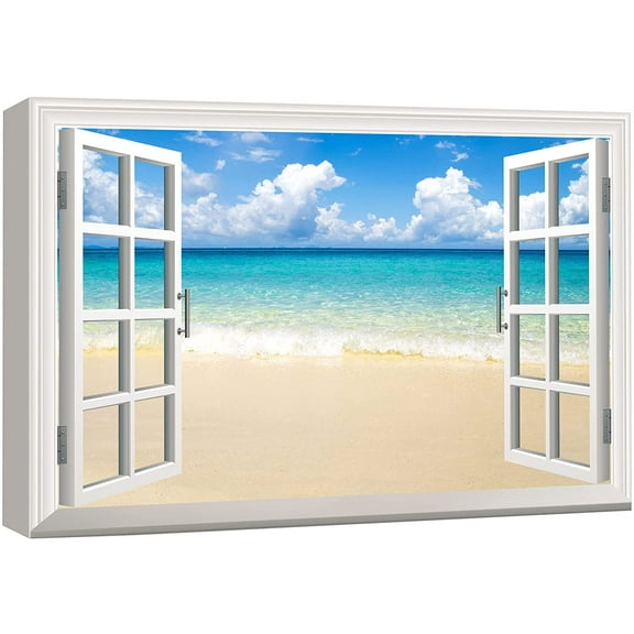 wall26 Canvas Print Wall Art Window View to The Vibrant Blue Beach Nature Wilderness Photography Realism Rustic Landscape Colorful Multicolor Ultra for Living Room, Bedroom, Office - 32"x48&quot