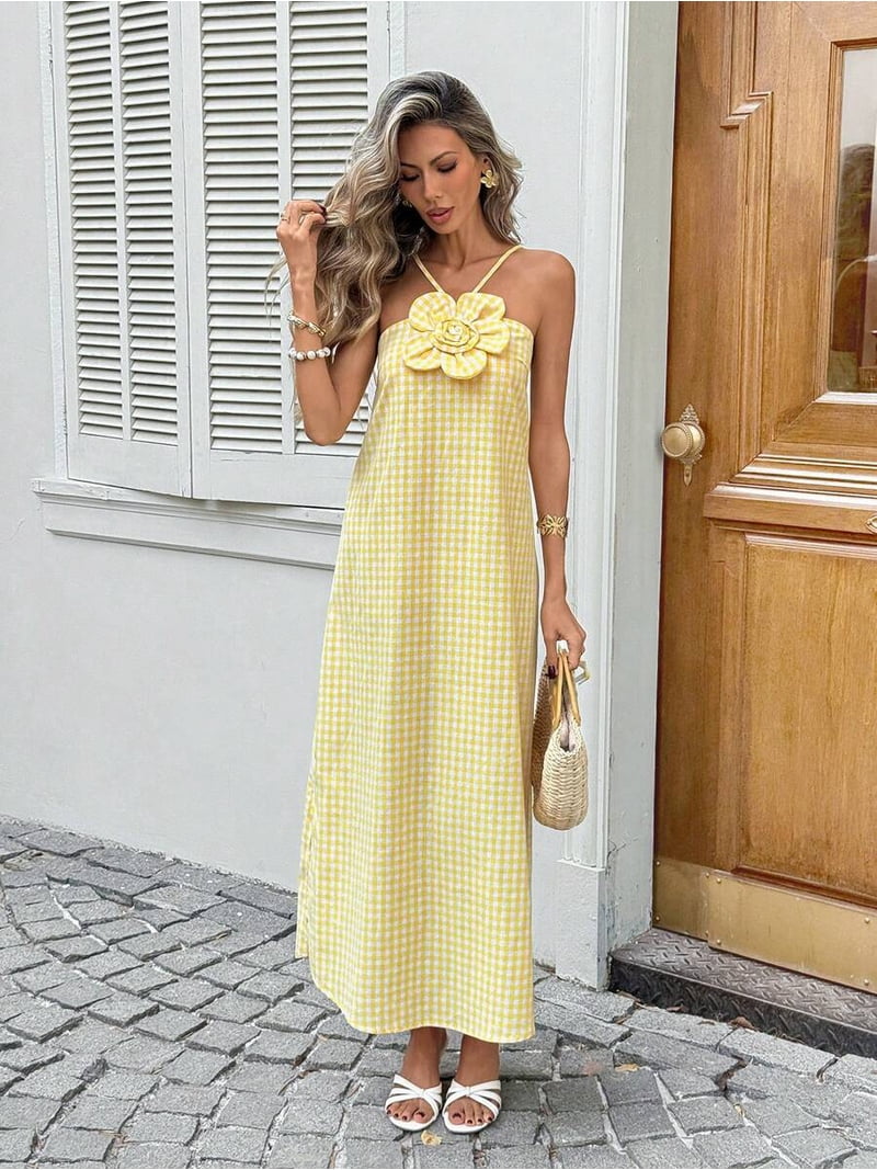 Butter Yellow Gingham 3D Floral Halter Maxi Dress For Women Summer Beach Vacation Outfit, Women's, Size: Large