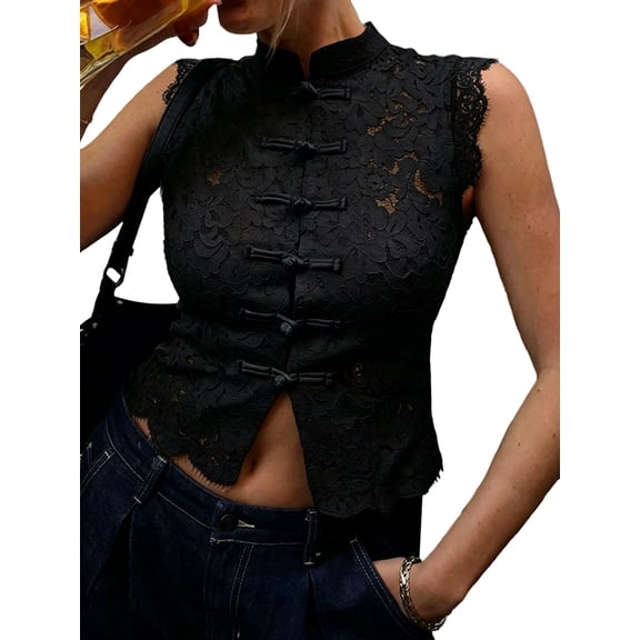 Women's Lace Mandarin Collar Guipure Split Tank Top Sleeveless Shirt Blouses Black S