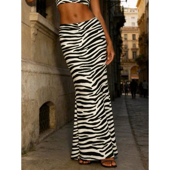 White Women Zebra Print Fishtail Skirt Stylish Contrast Low Rise Long