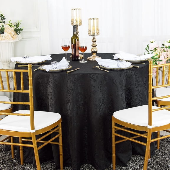 Wedding Linens Inc. 108" Seamless Round Jacquard Damask Polyester Tablecloths - Black