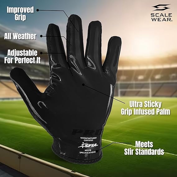 SFIA Football Receiver Gloves One Color - PRO Skull Stealth Grip Silicone Palms Adult Men Youth Sticky Boost Sports Game Battle