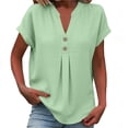 thumbnail image 2 of Linen Shirts for Women Casual V Neck Button Down Blouses Short Sleeve Office Work Tops Loose Vacation Tees Shirt Light Green M, 2 of 7
