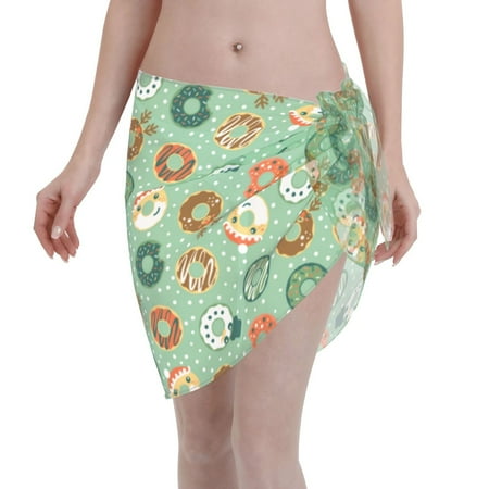 Disketp Christmas Donuts Women Swimsuit Cover Up Short Chiffon Summer Beach Sarong Bikini Wrap Skirt Bathing Suit