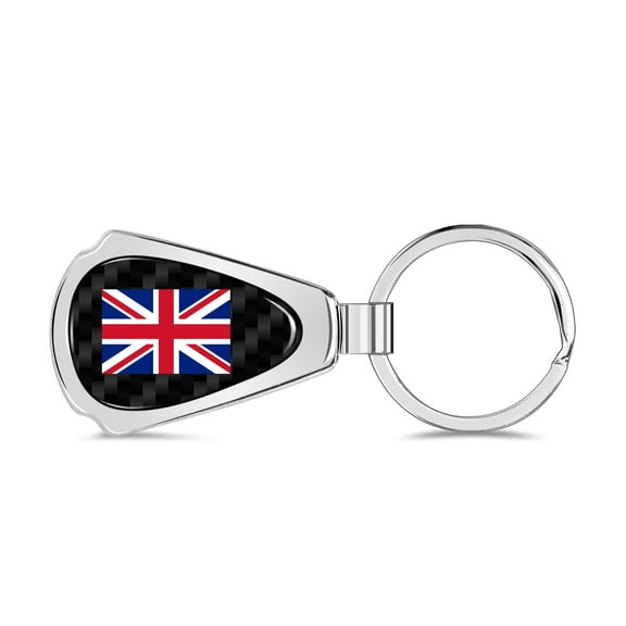United Kingdom UK Flag Real Black Carbon Fiber Chrome Metal Teardrop Key Chain