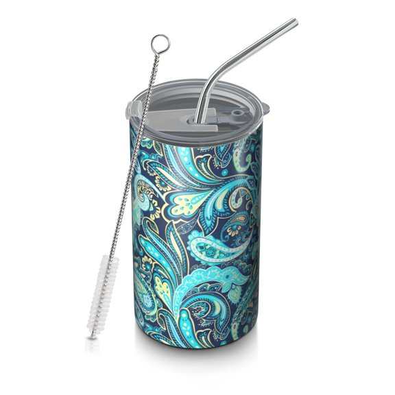 20oz Coffee Tumblers Blue Paisley and Floral Pattern Stainless Steel Vacuum Insulated Travel Tumbler Coffee Cups Mug with Lid and Straw with Cleaning Brush for Cold & Hot Drinks