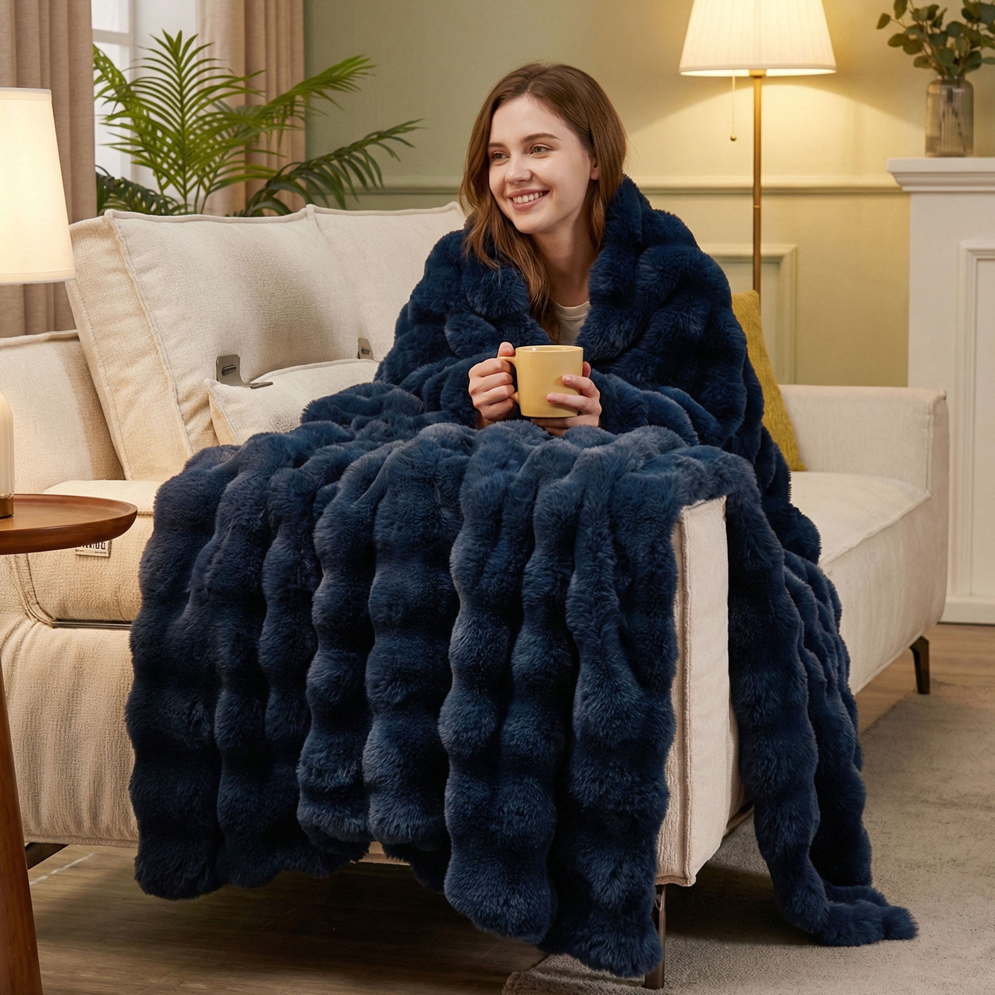 JONIYEAR Soft Solid Decorative Fuzzy Bubble Faux Rabbit Fur Throw Blanket for Couch 50" x 60", Double Sided Cute Plush Thick Warm Fluffy Blanket,Luxury Cozy Puffy Shaggy Comfy Furry Blanket,Navy Blue