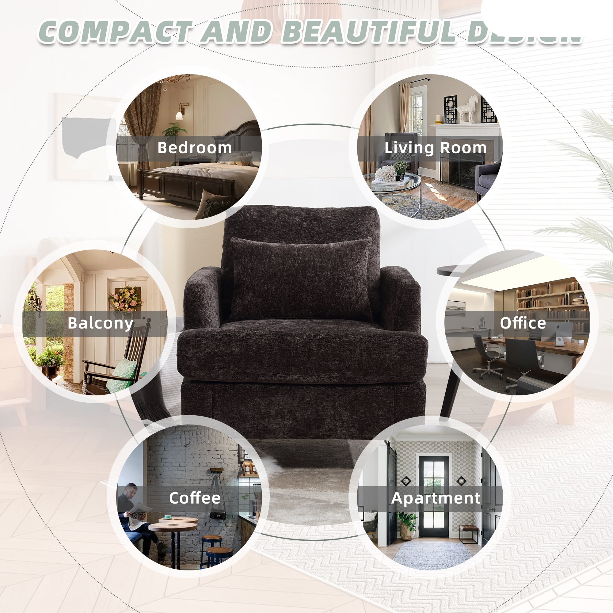 MOONMISS Modern Accent Chair, Wood Frame Upholstered Chenille Arm Chair, Comfy Small Single Couch For Living Room, Bedroom,Office Room Black