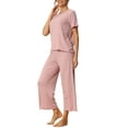thumbnail image 4 of INSPIRE CHIC Women's Pajama Sets Round Neck Short Sleeve Solid Ribbed Casual Sleepwear Ladies Pajamas M Pink, 4 of 6