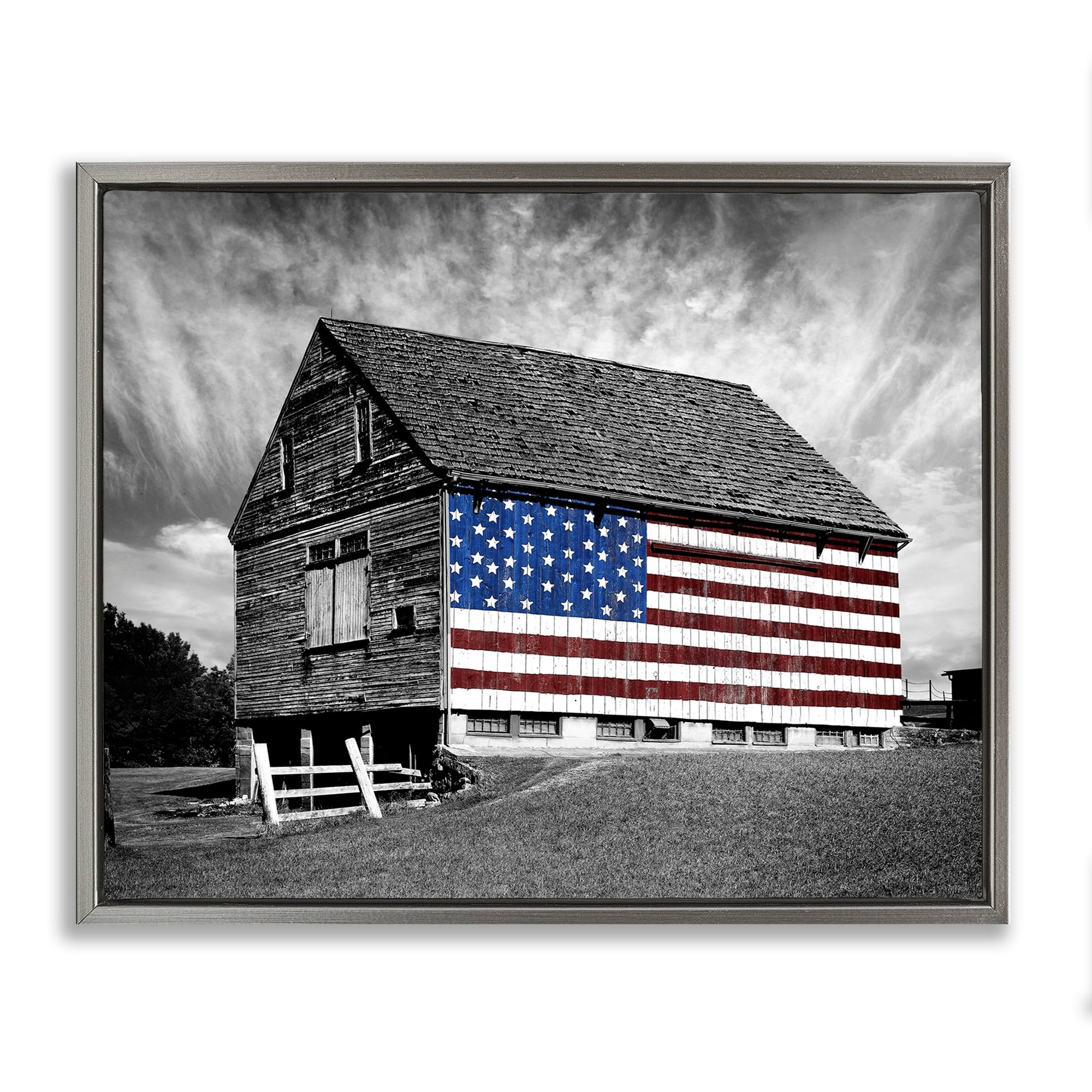 Stupell Industries Black and White Farmhouse Barn American Flag Luster Gray Framed Floating Canvas Wall Art, 24x30, by James McLoughlin