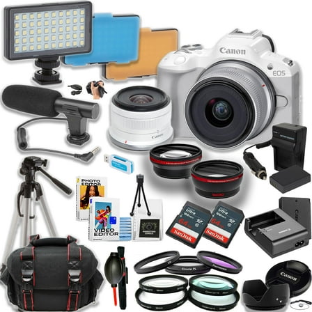 Canon EOS R50 Mirrorless Camera w/18-45mm Lens   2pc 64GB Ultra Memory Card   Directional Mic   Tripod   Camera Case   More (24pc Bundle)