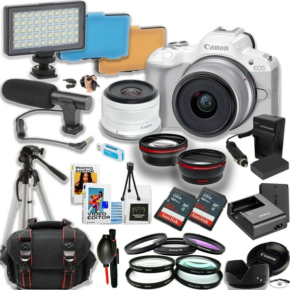 Canon EOS R50 Mirrorless Camera w/18-45mm Lens   2pc 64GB Ultra Memory Card   Directional Mic   Tripod   Camera Case   More (24pc Bundle)