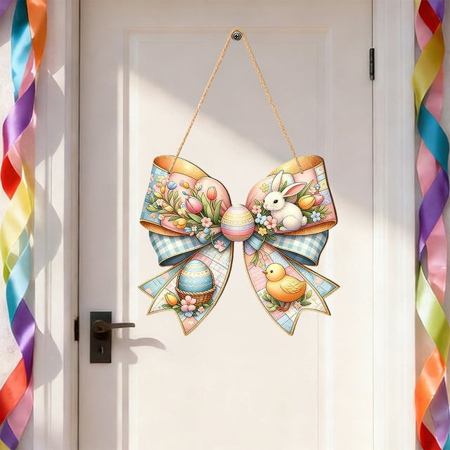 Easter Bow 2D Flat Wooden Hanging Signboard Festive Wall Decoration Suitable For Parties Front Doors Porches And Interior Wall Decoration
