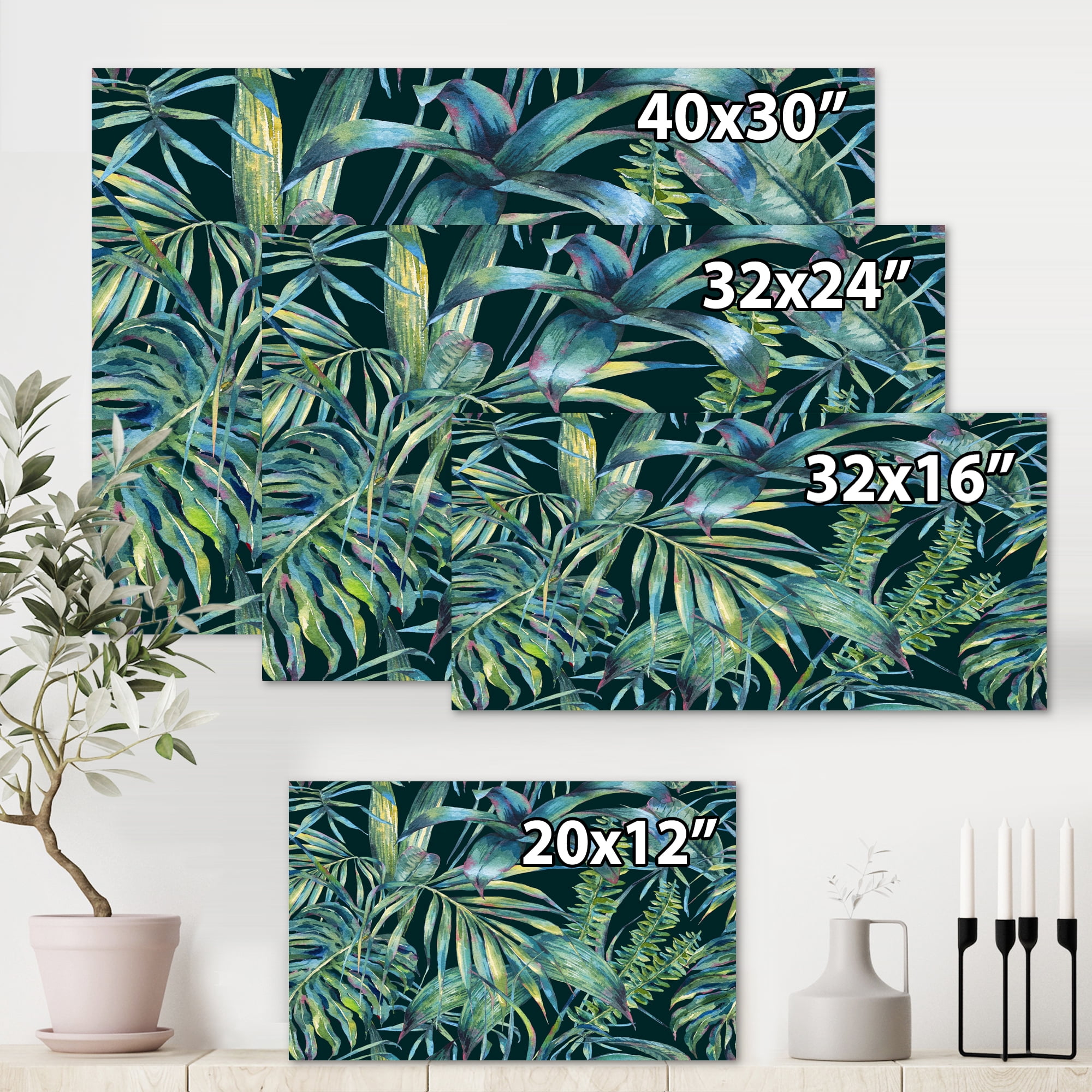 Designart ' Natural Green Leaves Exotic On Dark I ' Tropical Canvas Wall Art Print