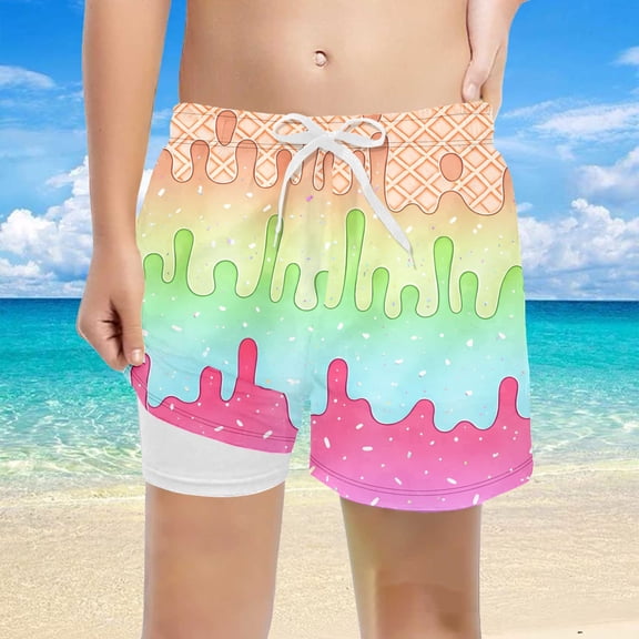 Boys Swim Trunks Summer Beach Shorts Gradient Ice Plaid Print Youth Quick-Dry Elastic Waist BottomsMulticolour9-10 Years