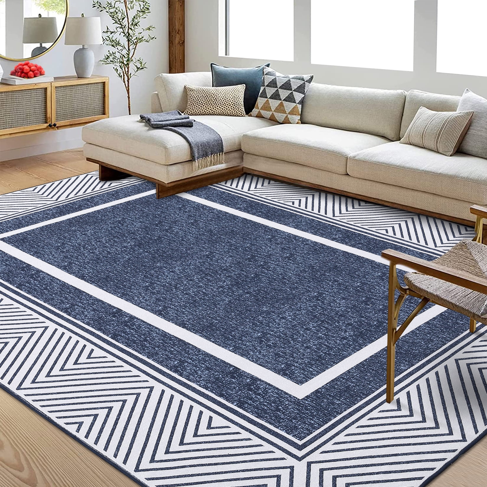 Hasoo 9' x 12' Area Rug Modern Geometric Bordered Carpet for Living Room Bedroom, Blue