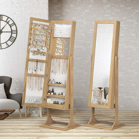 Costway Jewelry Cabinet Full-Length Mirror Lockable Jewelry Armoire with 6 Lights Natural