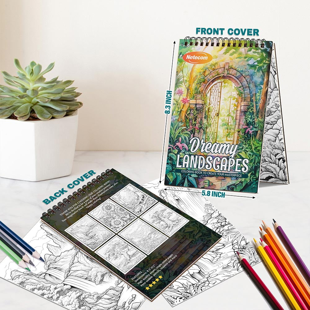 Dreamy Landscapes Coloring Book Spiral Bound For Adults, A5 Wooden Cover, 30 Calming Coloring Pages of Scenic Mountain Views and Gentle Rivers for Stress Relief and Relaxation