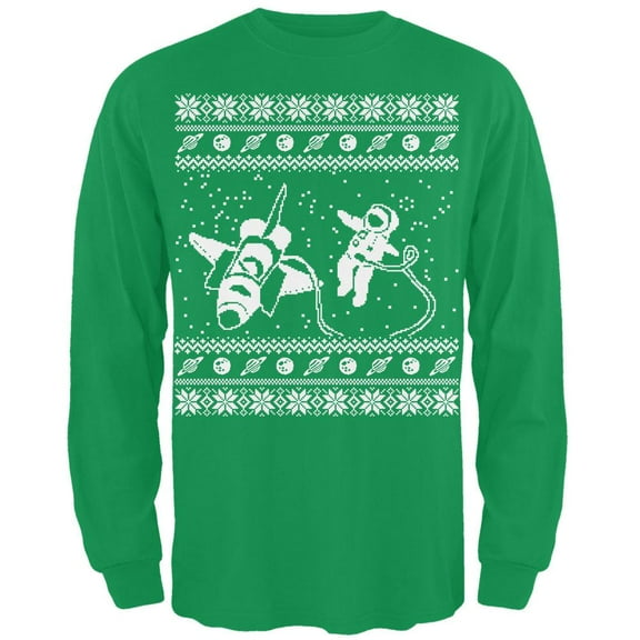 Astronaut in Space Ugly Christmas Sweater Green Long Sleeve T-Shirt - Small