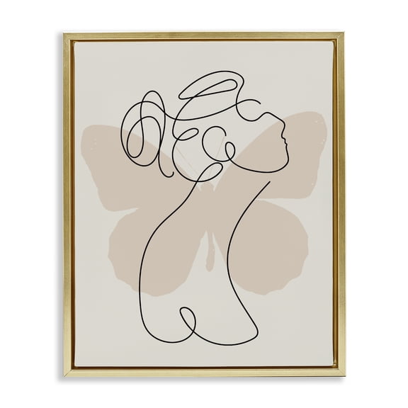 Stupell Industries Modern Woman & Butterfly Line Doodle Gold Floating Frame Canvas Art, 17 x 21, by Lil' Rue