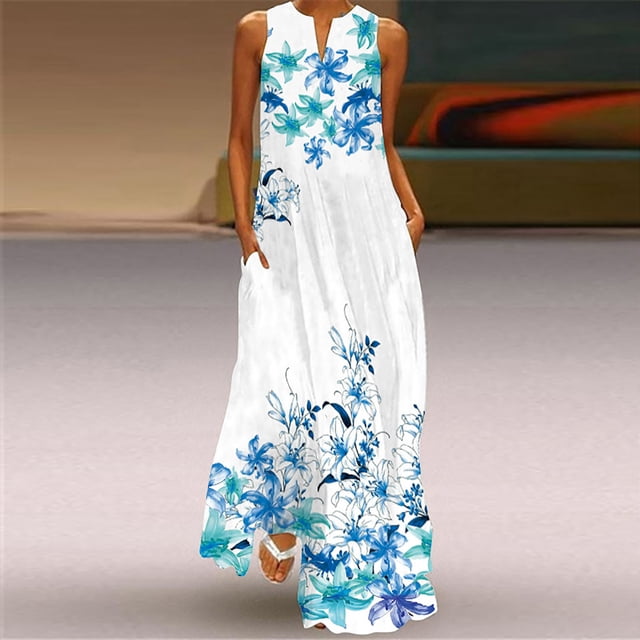 SMihono Robe Maxi Bohème d'Été pour Femmes Grande Taille Robe Longue Décontractée pour Femmes avec Imprimé Rayé et Floral Robe Maxi Sans Manches Robe de Plage Évasée