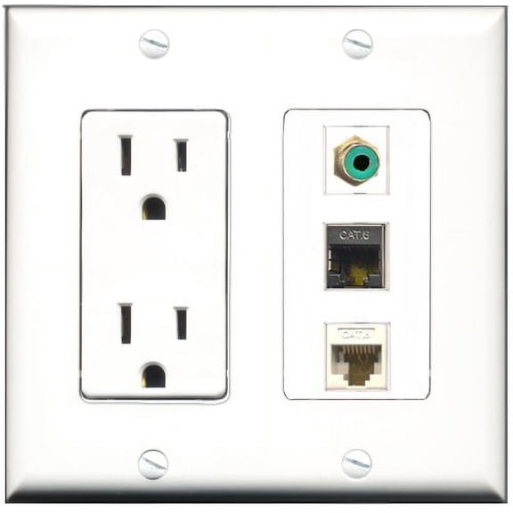 RiteAV - 15 Amp Power Outlet 1 Port RCA Green 1 Port Shielded Cat6 Ethernet Ethernet 1 Port Cat6 Ethernet Ethernet White Decorative Wall Plate