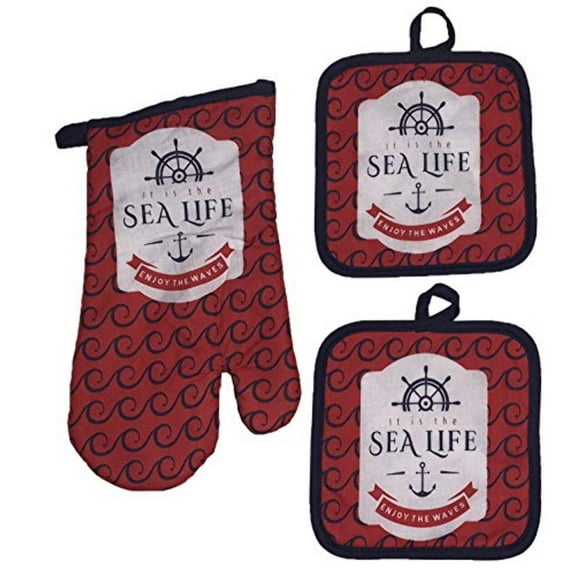 Set of 3, Nautical Coastal Sealife Anchor Wheel Design with It is The sea Life Enjoy The Waves Non-Slip, Heat Resistant Printed Kitchen Towel Set Includes 2 Potholder, 1 Oven Mitt.