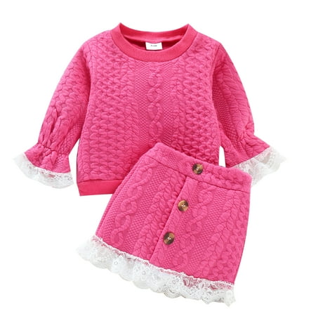 

Toddler Girls Outfit Kids Baby Girls Long Sleeve Pattern Sweatshirt Pullover Tops Patchwork Lace Skirt Set 2Pcs