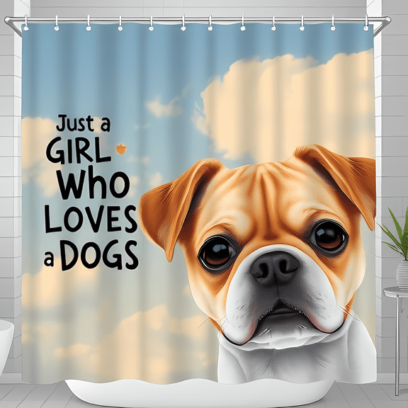 Whimsical Pug Shower Curtain - Adorable Dog Design with Pastel Sky & "Just a GIRL Who LOVES a DOGS" - Perfect for Dog Lovers