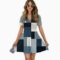 thumbnail image 2 of Vinatge Geometric Abstract Art Gray Black Blue Women Dress V-Neck Short Sleeve Flowy Swing Party Midi Dress, 2 of 4