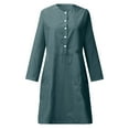 thumbnail image 4 of Cavosen Womens Long Sleeve Dresses Blue Cotton Linen Midi Dress Crew Neck Knee Length Dress Solid Casual Trendy Dress Button with Pocket Party Vacation Fall Winter Clothes XL, 4 of 5