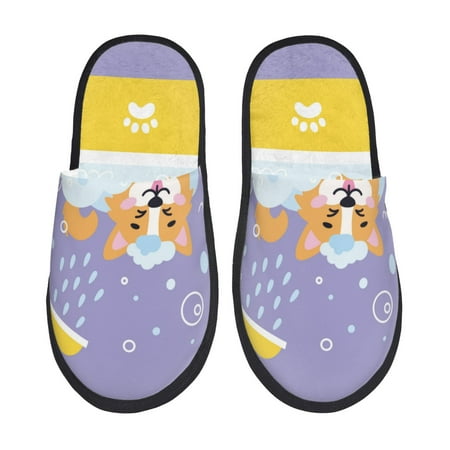 Balery Corgi Washing in Bathtub Slient Indoor Furry Fleece Comfort House Shoes Soft Non-Slip Home Shoes Cotton slippers House Slippers-- Large